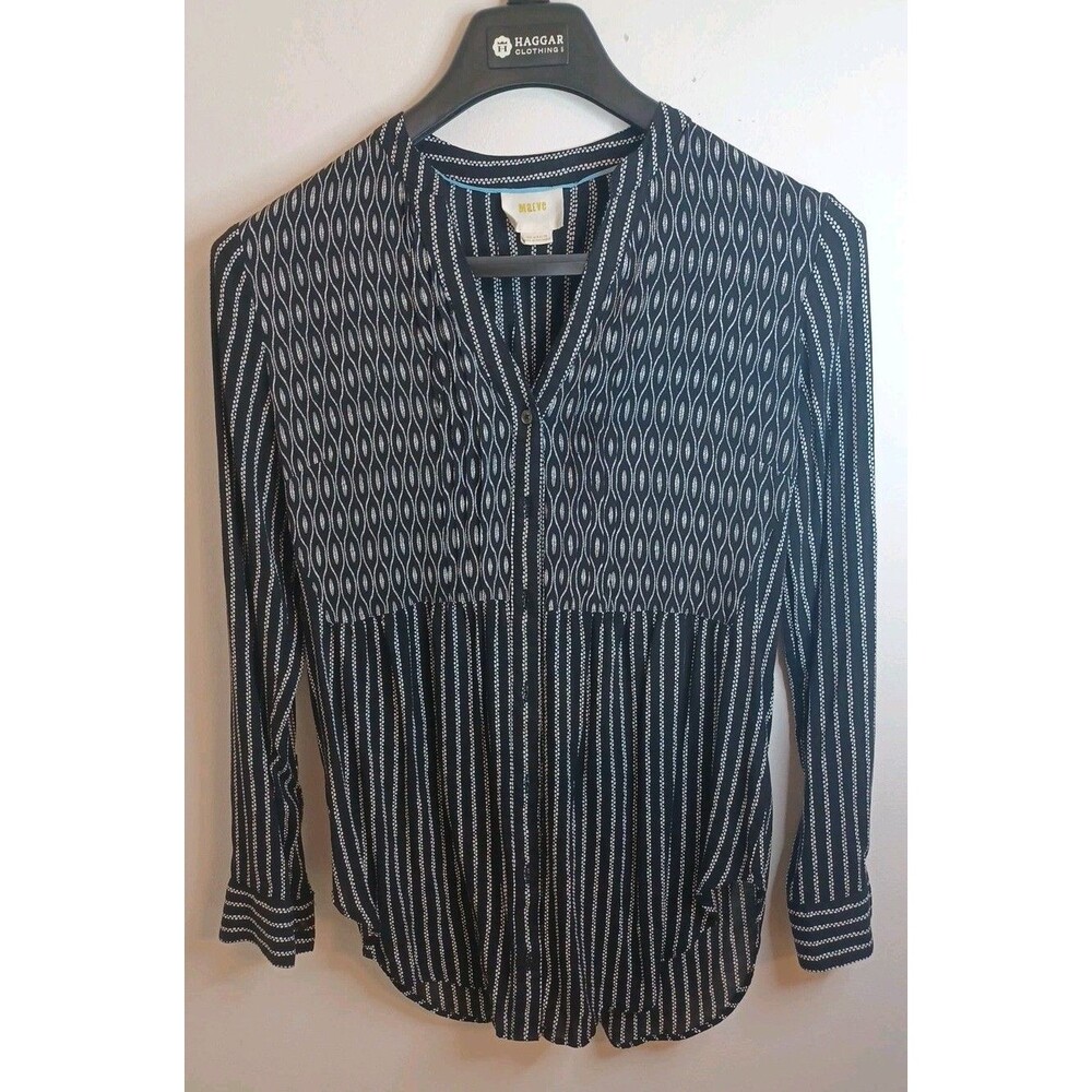 Maeve Anthropologie V Neck Button Down Shirt Womens 2 Black White Lightweight